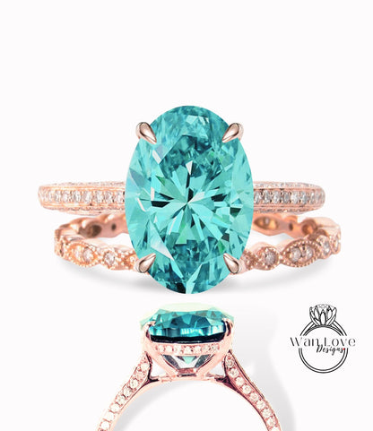 Blue Green Moissanite Oval engagement ring set Art deco milgrain bridal set rose gold Oval cut diamond side halo antique wedding ring Anniversary ring Wan Love Designs