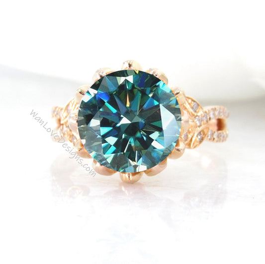 Blue Moissanite & Diamond Lotus Flower Split Shank Leaf Engagement Ring Custom Wedding Anniversary Gift Wan Love Designs