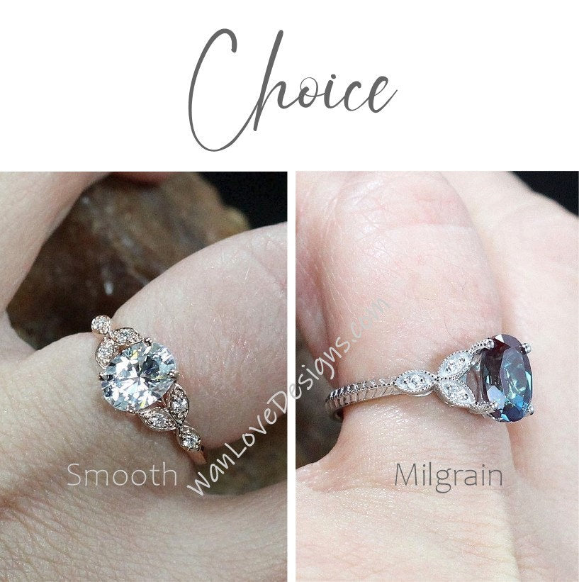 Blue Moissanite & Diamond Oval Leaf Antique Cluster Engagement Ring Engraved Milgrain or Smooth 14kt 18kt Gold Platinum Custom Wedding Wan Love Designs