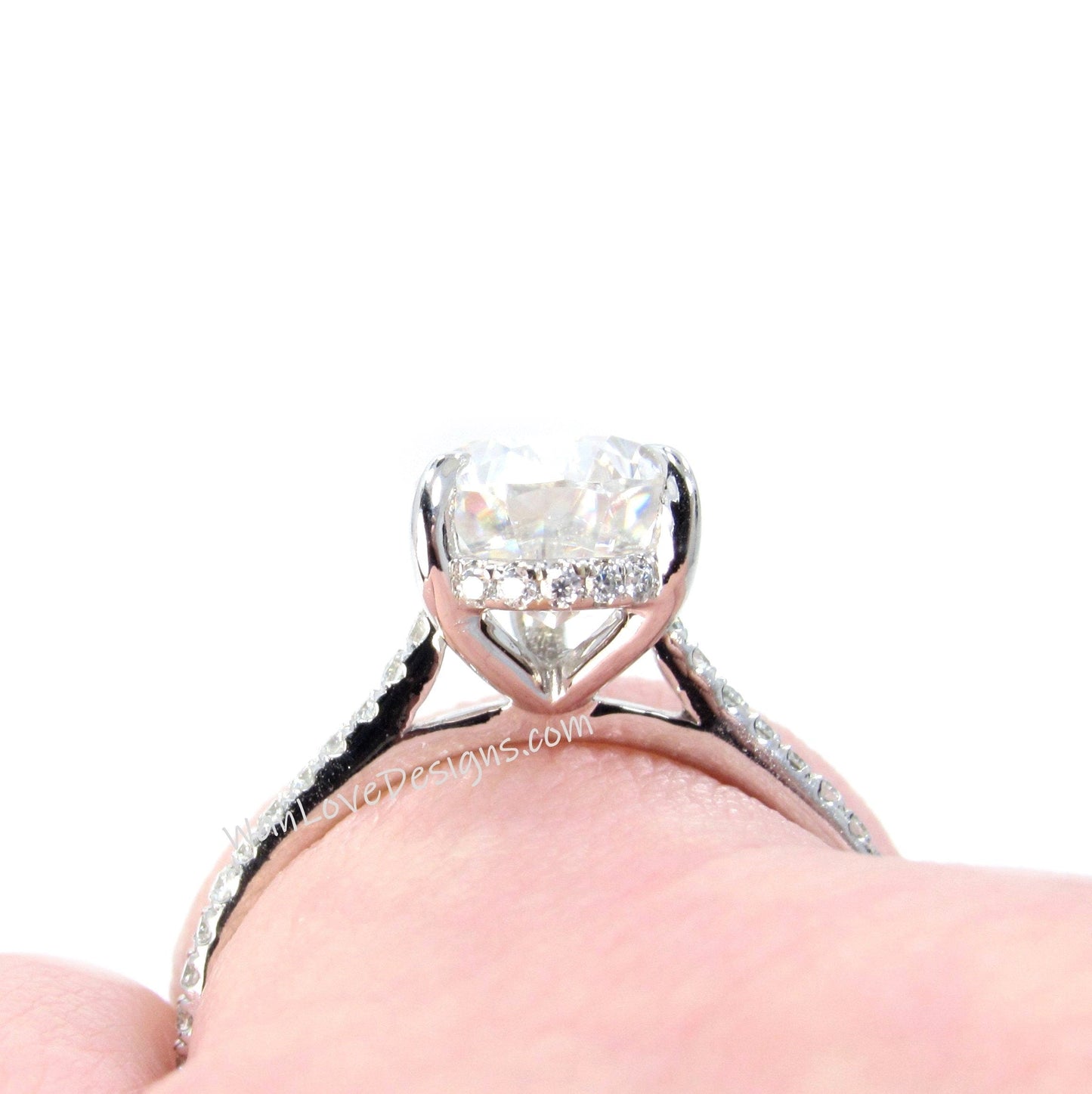 Blue Moissanite & Diamond Pear Side Halo Engagement Ring, Drop, Cathedral Basket, Custom-14kt 18kt Gold-Platinum-Wedding, WanLoveDesigns Wan Love Designs