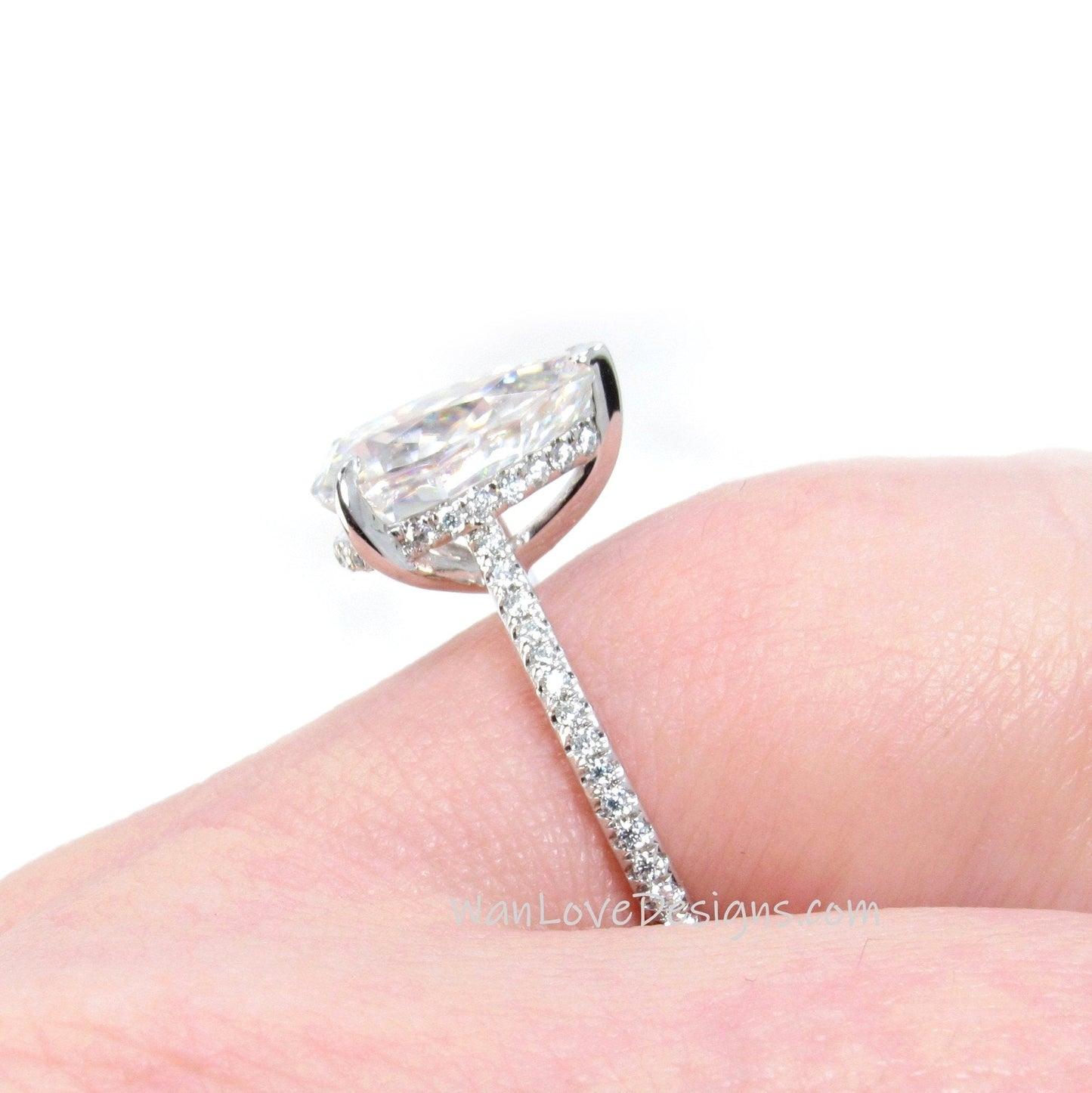 Blue Moissanite & Diamond Pear Side Halo Engagement Ring, Drop, Cathedral Basket, Custom-14kt 18kt Gold-Platinum-Wedding, WanLoveDesigns Wan Love Designs