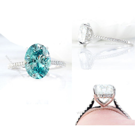 Blue Moissanite & Diamond Side Halo Oval Engagement Ring, Basket stems, 14k,18k,White,Yellow,Rose Gold,Platinum,Custom,Wedding Wan Love Designs