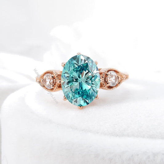 Blue Moissanite engagement ring vintage Oval milgrain ring Three gemstone round bridal ring art deco ring Promise Anniversary ring rose gold Wan Love Designs