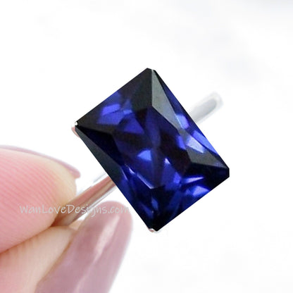 Blue Sapphire 14kt 18kt Solid Gold Emerald Diamond Dainty Minimalist Pave Rim Engagement Ring, WanLoveDesigns Wan Love Designs