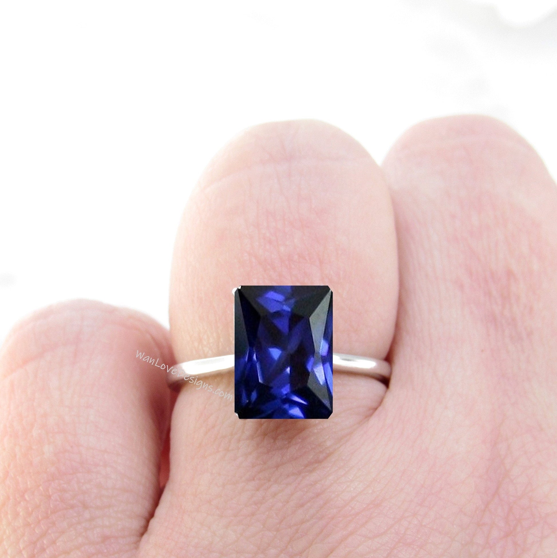 Blue Sapphire 14kt 18kt Solid Gold Emerald Diamond Dainty Minimalist Pave Rim Engagement Ring, WanLoveDesigns Wan Love Designs