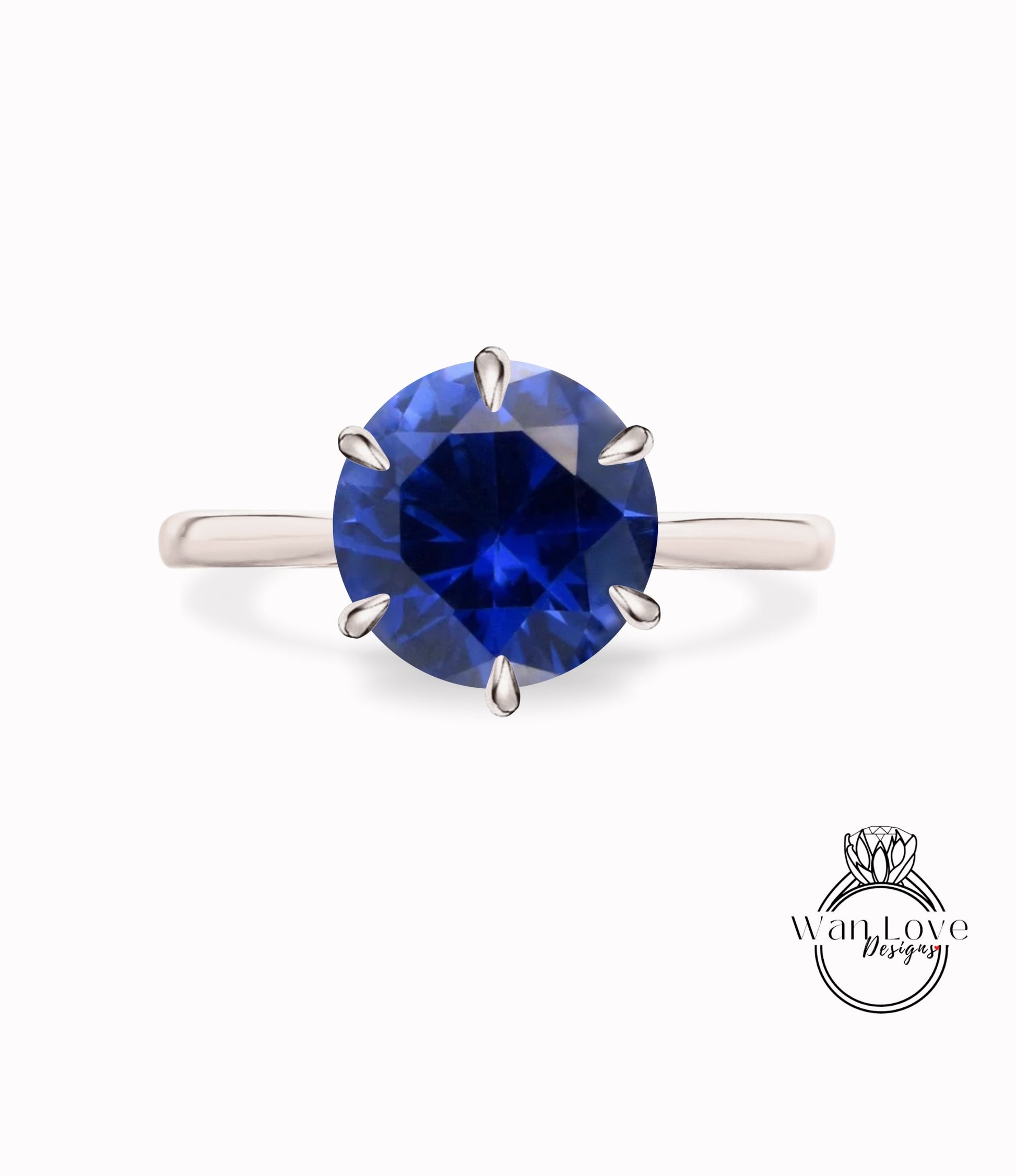 Blue Sapphire 6 Prong Solitaire Engagement Ring Round, 14k 18k White Yellow Rose Gold-Platinum Custom Wedding Tapered Cathedral Wan Love Designs