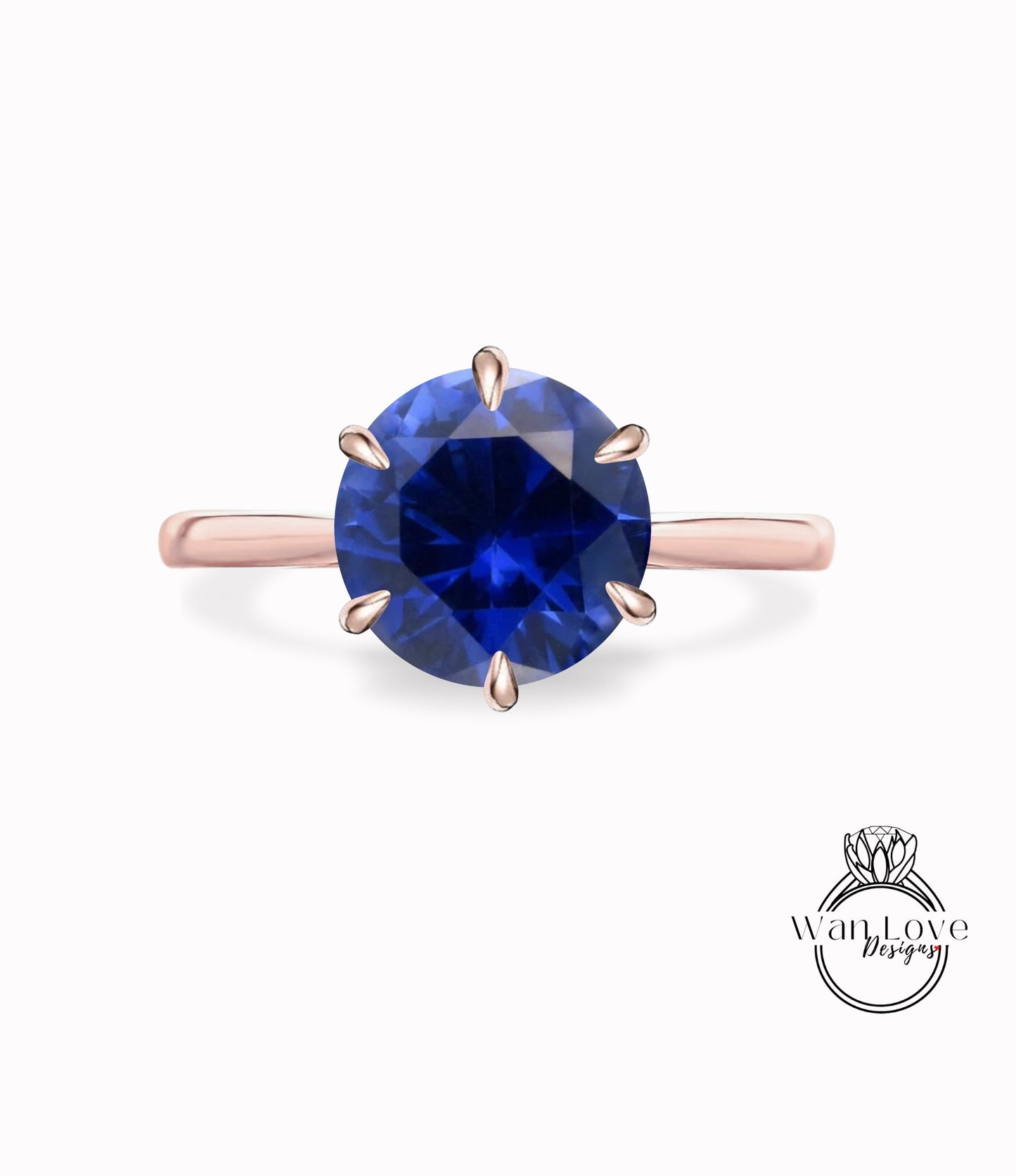 Blue Sapphire 6 Prong Solitaire Engagement Ring Round, 14k 18k White Yellow Rose Gold-Platinum Custom Wedding Tapered Cathedral Wan Love Designs