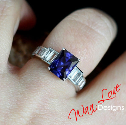 Blue Sapphire Art Deco Moissanite Emerald Baguette Engagement Ring 3ct 9x7mm Custom Wedding Anniversary Gift Wan Love Designs