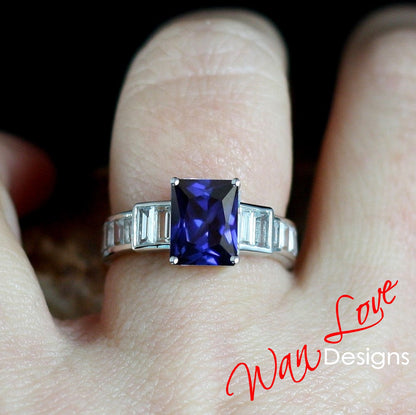 Blue Sapphire Art Deco Moissanite Emerald Baguette Engagement Ring 3ct 9x7mm Custom Wedding Anniversary Gift Wan Love Designs