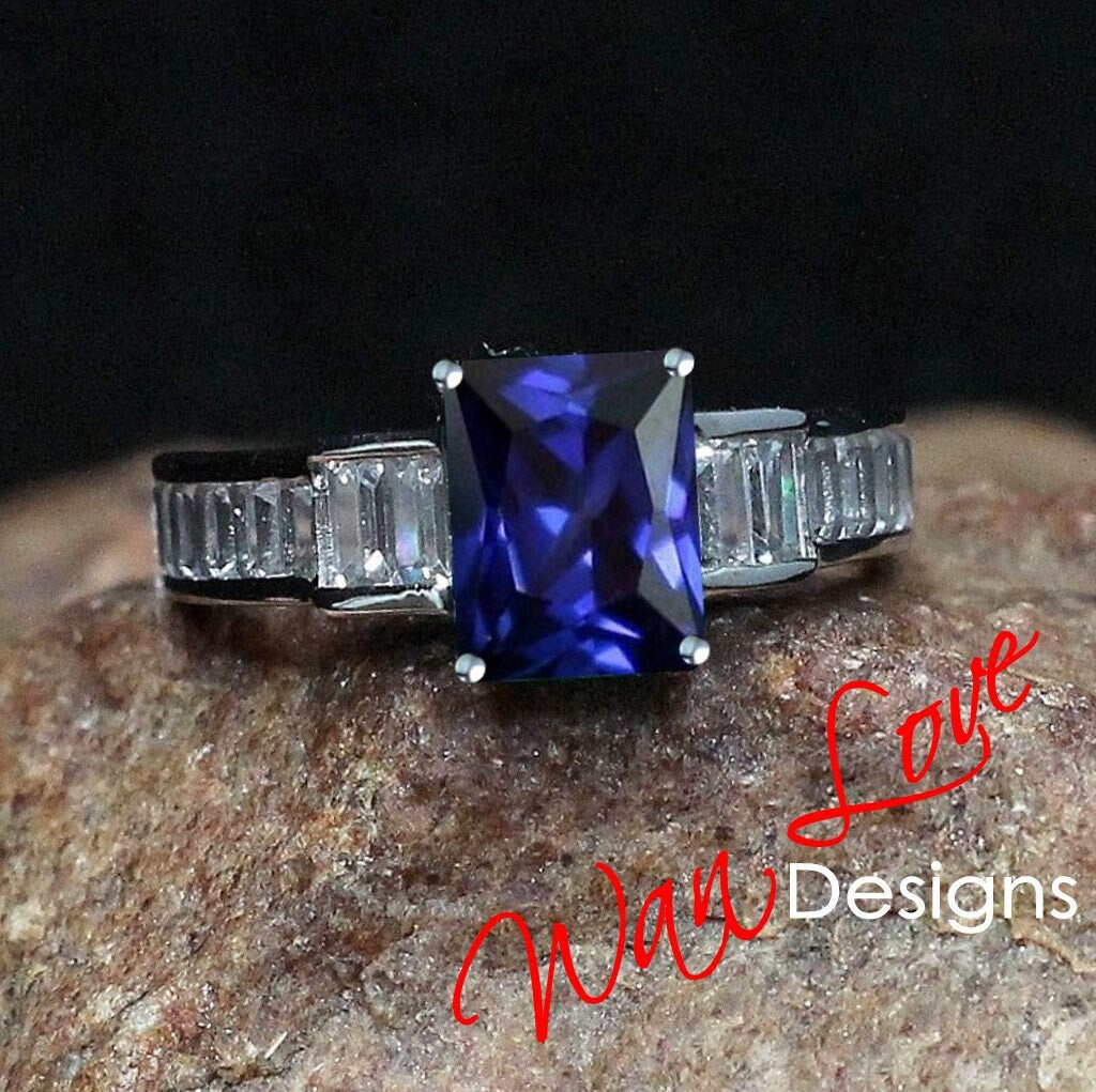 Blue Sapphire Art Deco Moissanite Emerald Baguette Engagement Ring 3ct 9x7mm Custom Wedding Anniversary Gift Wan Love Designs