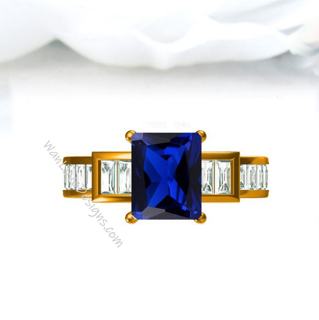 Blue Sapphire Art Deco Moissanite Emerald Baguette Engagement Ring 3ct 9x7mm Custom Wedding Anniversary Gift Wan Love Designs