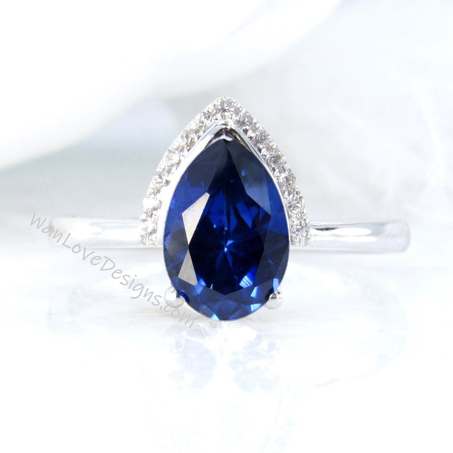 Blue Sapphire Birthstone Diamond Pear Modern Semi Bezel Crescent Half Halo Unique Engagement Ring,Custom,WanLoveDesigns Wan Love Designs