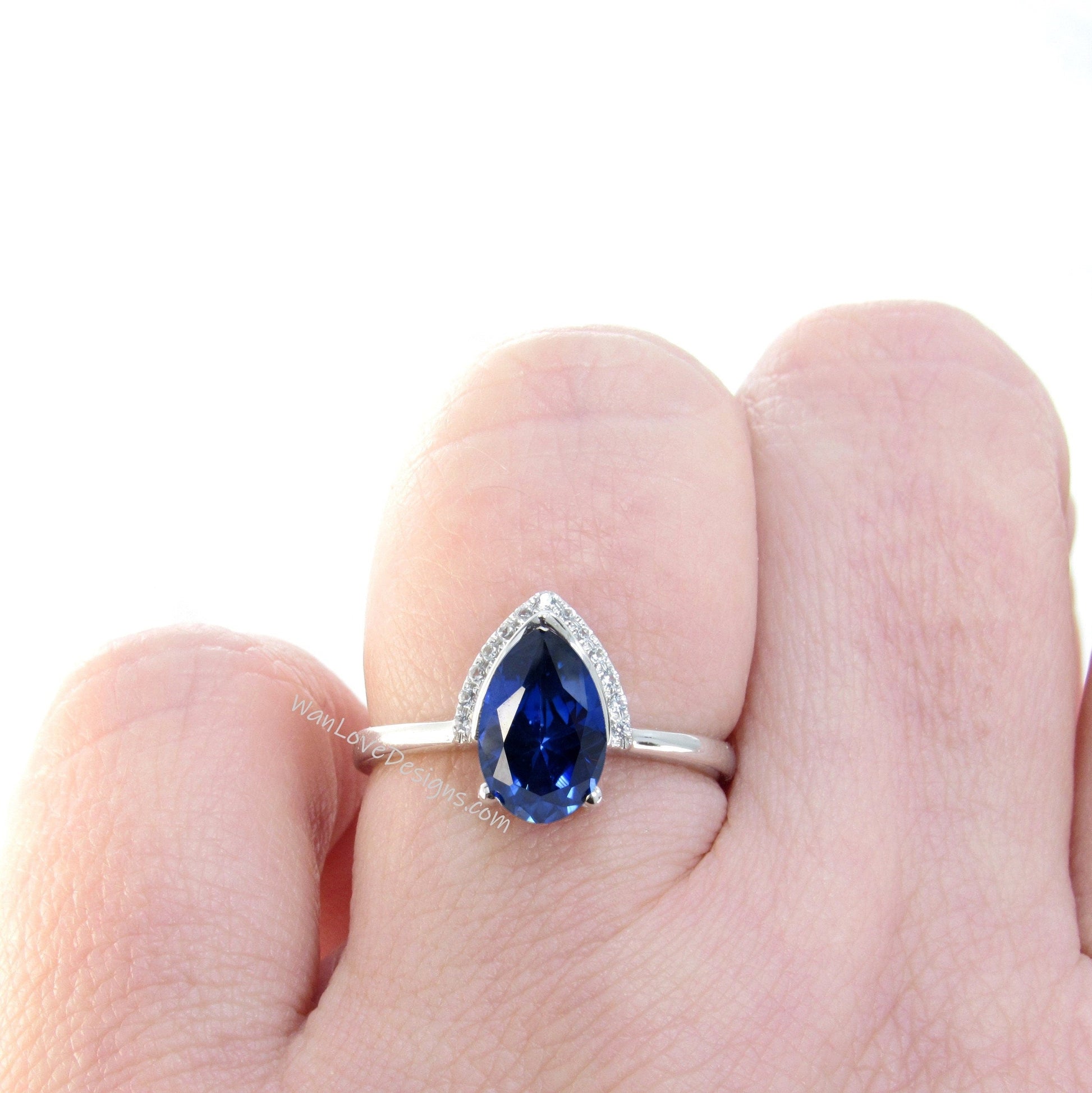 Blue Sapphire Birthstone Diamond Pear Modern Semi Bezel Crescent Half Halo Unique Engagement Ring,Custom,WanLoveDesigns Wan Love Designs