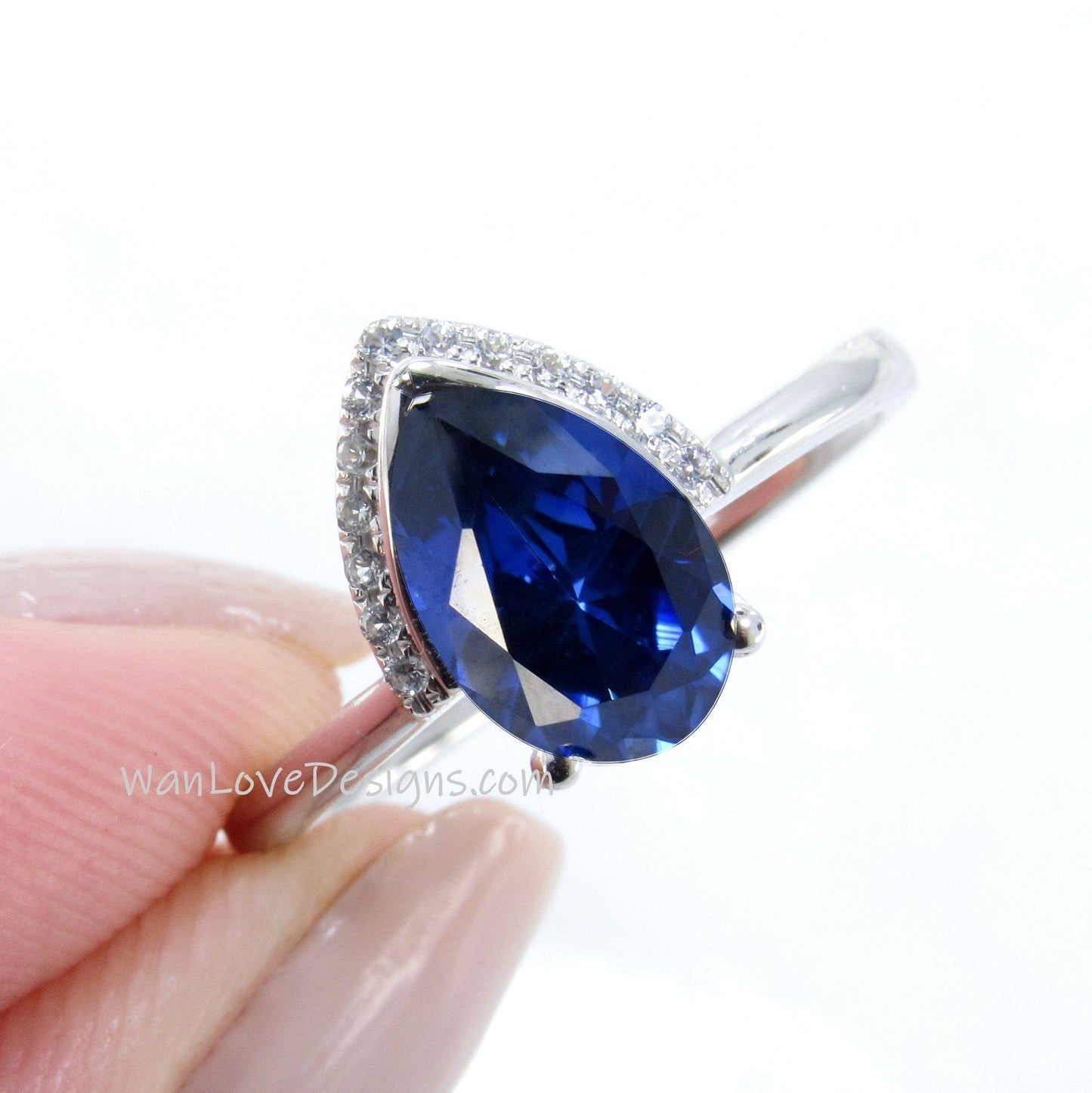 Blue Sapphire Birthstone Diamond Pear Modern Semi Bezel Crescent Half Halo Unique Engagement Ring,Custom,WanLoveDesigns Wan Love Designs