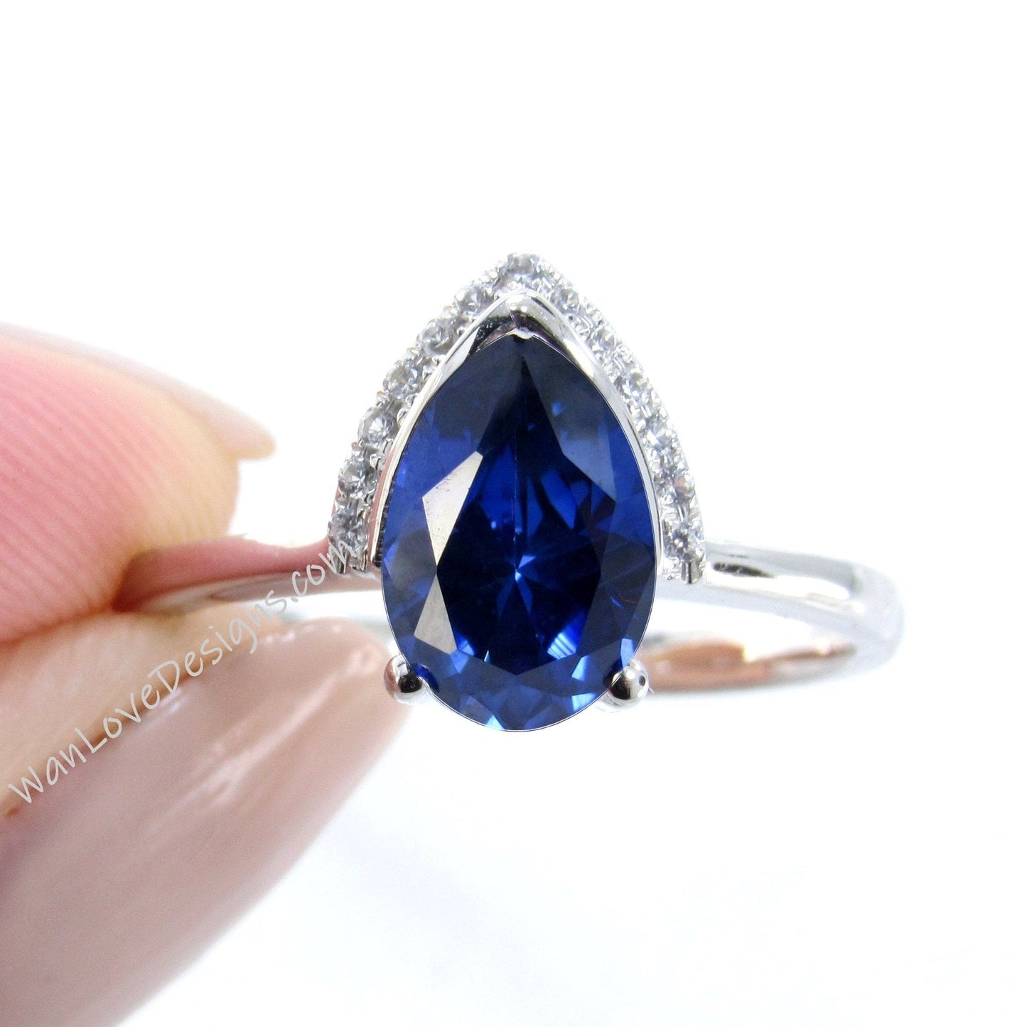 Blue Sapphire Birthstone Diamond Pear Modern Semi Bezel Crescent Half Halo Unique Engagement Ring,Custom,WanLoveDesigns Wan Love Designs