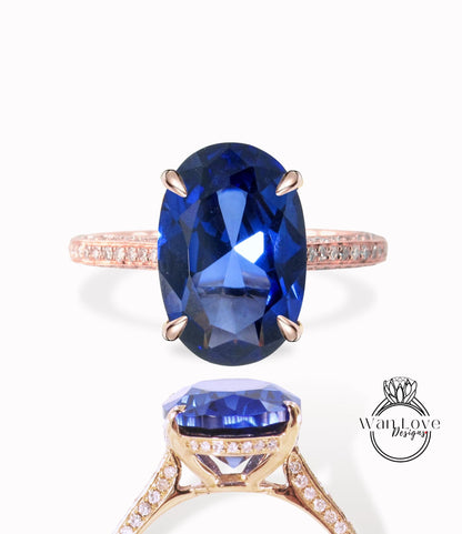 Blue Sapphire Celebrity Oval Diamond 3 sided shank Engagement Ring 9ct Sapphire 18k Rose Gold Wedding Anniversary Bridal Ring Ready to Ship Wan Love Designs