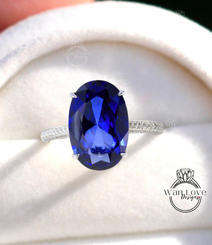 Blue Sapphire Celebrity Oval Diamond 3 sided shank Engagement Ring 9ct Sapphire 18k Rose Gold Wedding Anniversary Bridal Ring Ready to Ship Wan Love Designs