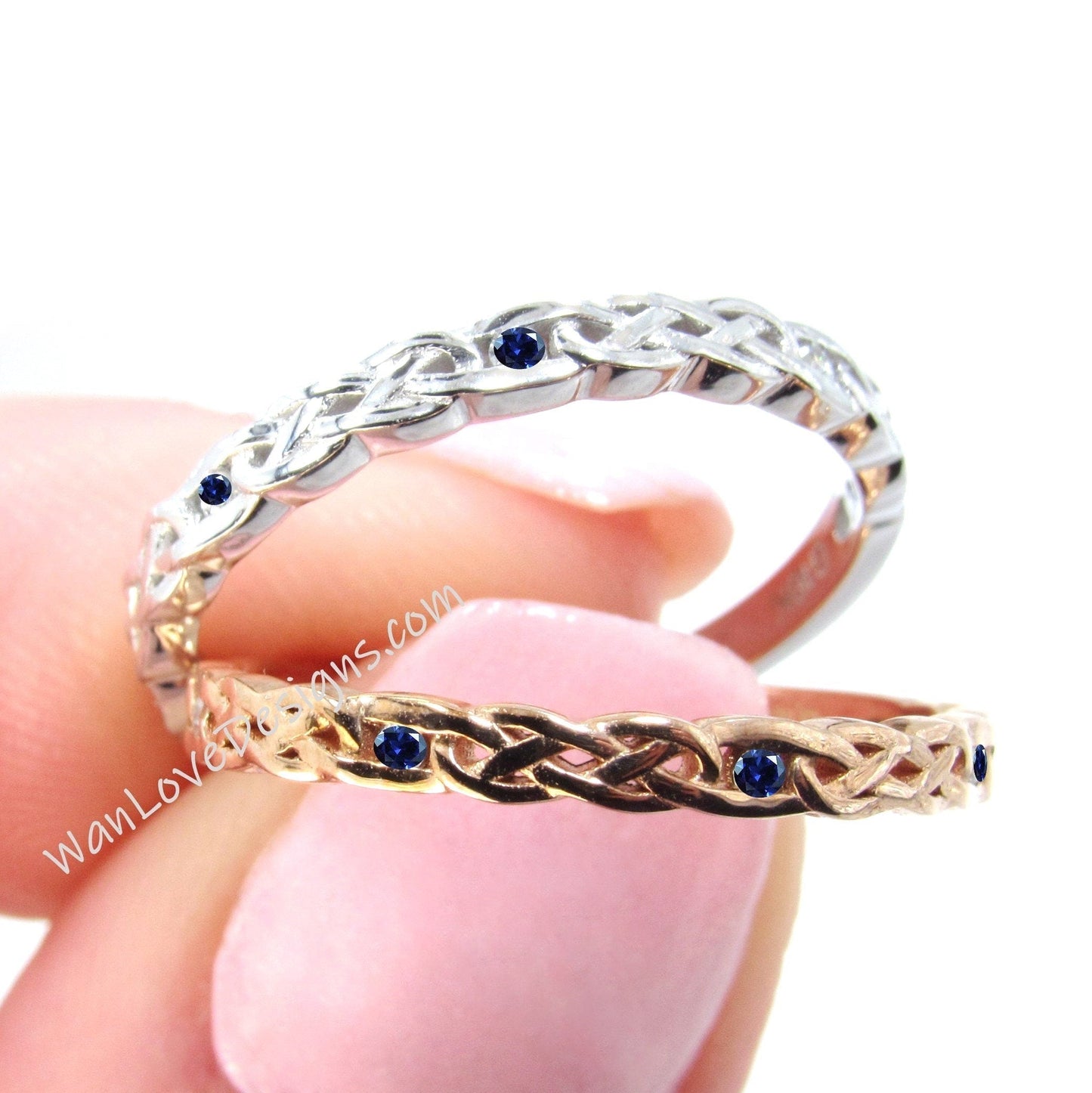 Blue Sapphire Celtic Knot Braided Wedding Ring Almost Eternity Stacking Matching Ring Anniversary Gift For Women 14k Rose Gold Infinity Band Wan Love Designs