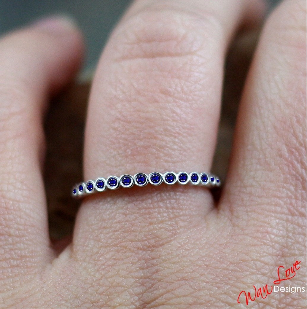 Blue Sapphire Circle Bezel set Wedding Band, Full eternity Ring, Round, 14k 18k White Yellow Rose Gold, Platinum, Custom, Anniversary Gift Wan Love Designs