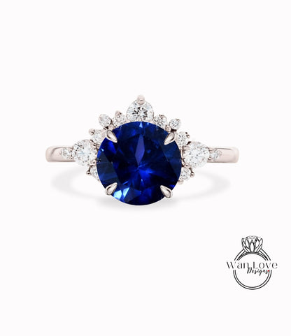 Blue Sapphire Cluster Half Halo engagement ring Diamonds Unique cluster White Rose Gold Ring woman Promise Anniversary Gift Wan Love Designs