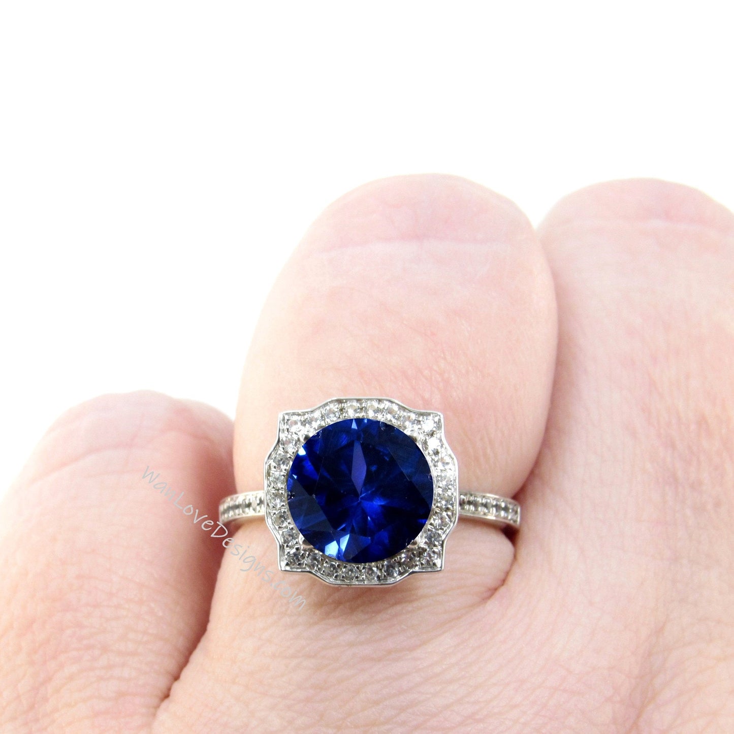 Blue Sapphire & Diamond Antique Bezel Frame Engagement Ring Basket Vintage Round 14k 18k White Yellow Rose Gold Wedding Anniversary Wan Love Designs