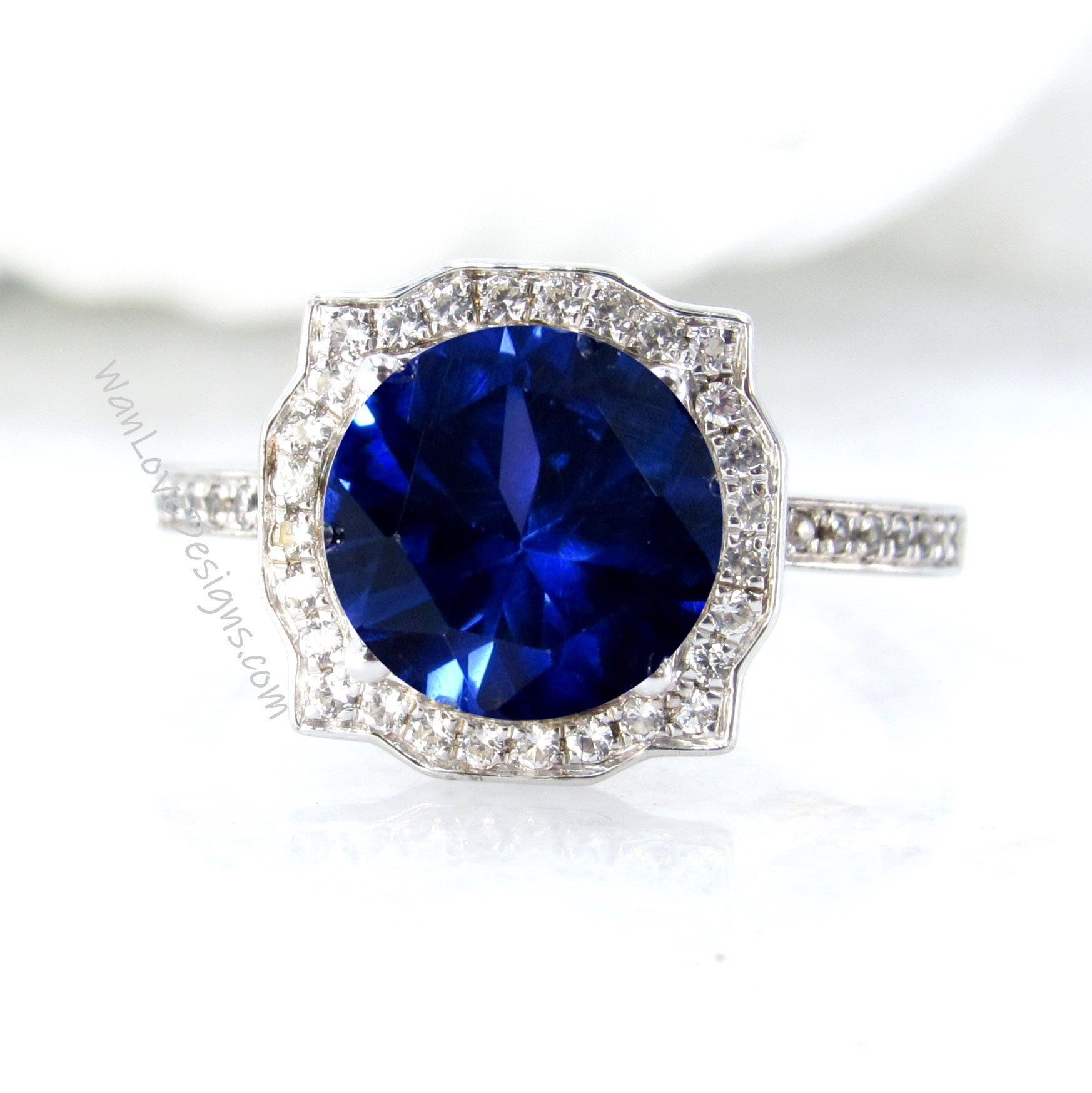 Blue Sapphire & Diamond Antique Bezel Frame Engagement Ring Basket Vintage Round 14k 18k White Yellow Rose Gold Wedding Anniversary Wan Love Designs