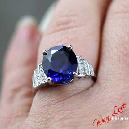 Blue Sapphire & Diamond Art Deco Oval Engagement Ring, 3ct, 9x7mm, 14k 18k White Yellow Rose Gold-Platinum-Custom-Wedding-Anniversary Gift Wan Love Designs