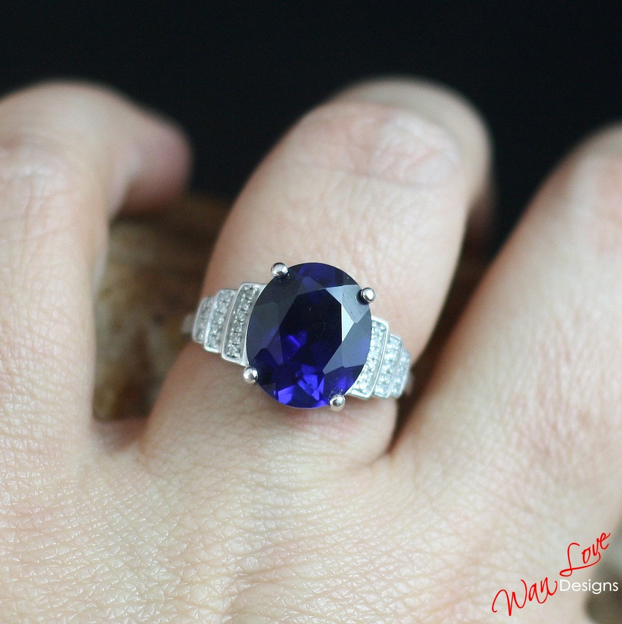 Blue Sapphire & Diamond Art Deco Oval Engagement Ring, 3ct, 9x7mm, 14k 18k White Yellow Rose Gold-Platinum-Custom-Wedding-Anniversary Gift Wan Love Designs