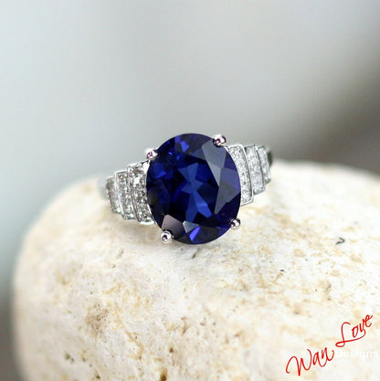 Blue Sapphire & Diamond Art Deco Oval Engagement Ring, 3ct, 9x7mm, 14k 18k White Yellow Rose Gold-Platinum-Custom-Wedding-Anniversary Gift Wan Love Designs