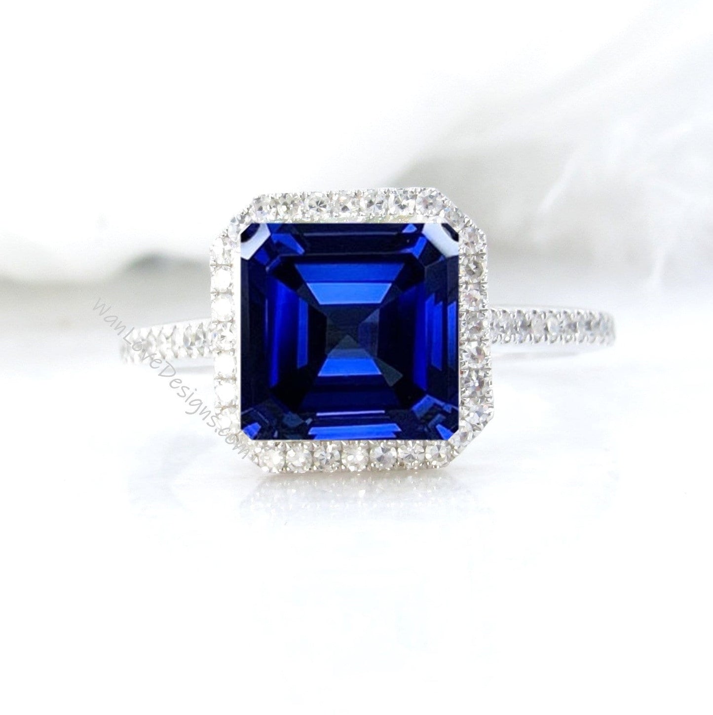 Blue Sapphire & Diamond Asscher Halo Engagement Ring, Floating Halo Square Cathedral, Custom, 14k 18k White Rose Yellow Gold, WanLoveDesigns Wan Love Designs