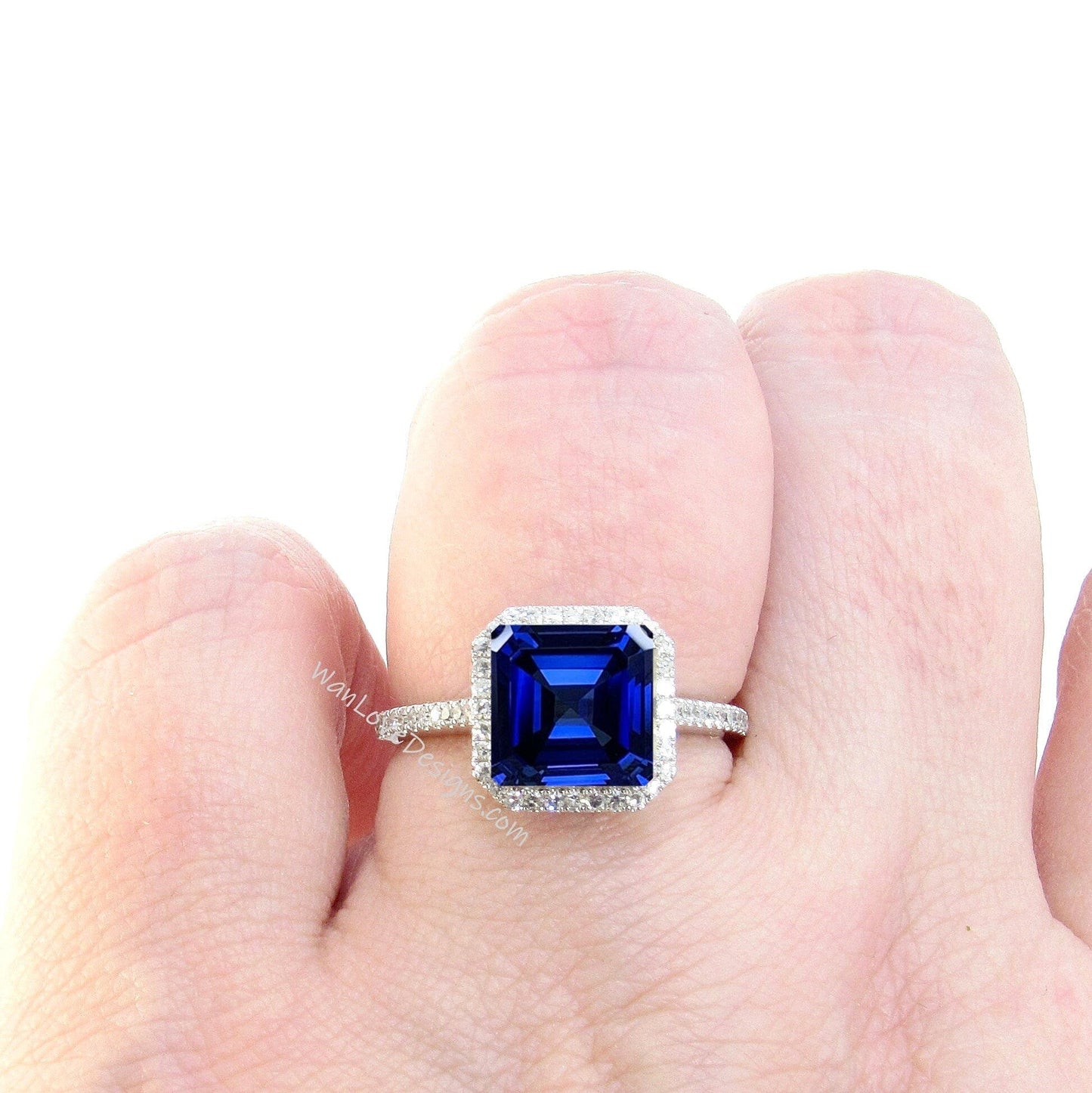 Blue Sapphire & Diamond Asscher Halo Engagement Ring, Floating Halo Square Cathedral, Custom, 14k 18k White Rose Yellow Gold, WanLoveDesigns Wan Love Designs