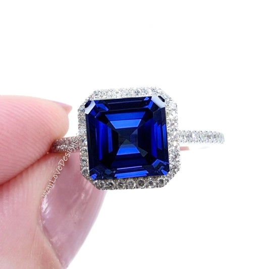 Blue Sapphire & Diamond Asscher Halo Engagement Ring, Floating Halo Square Cathedral, Custom, 14k 18k White Rose Yellow Gold, WanLoveDesigns Wan Love Designs