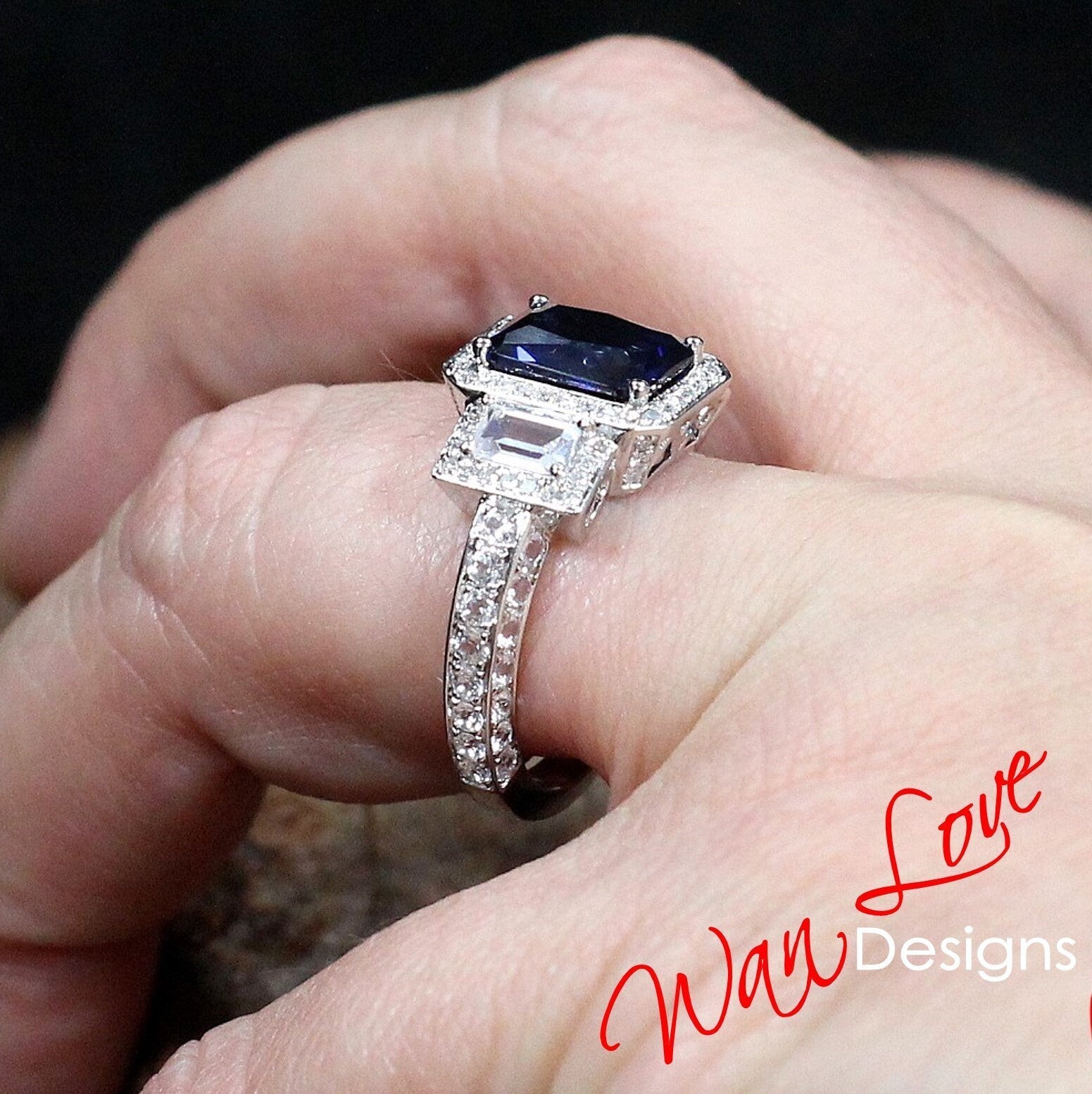 Blue Sapphire & Diamond Baguette Emerald Engagement Ring, 3ct 9x7mm, Custom, 14k 18k White Yellow Rose gold-Platinum-Custom-Wedding-Gift Wan Love Designs