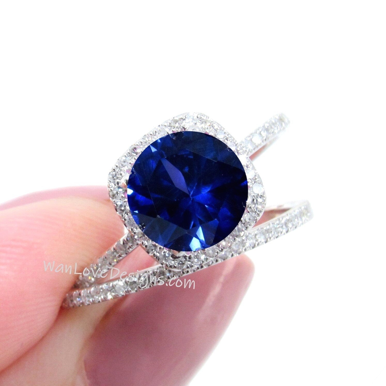 Blue Sapphire Diamond Cushion Halo Engagement Ring Set, Round cut, Wedding Band Custom-Anniversary,14k 18k White Rose Yellow Gold Wan Love Designs