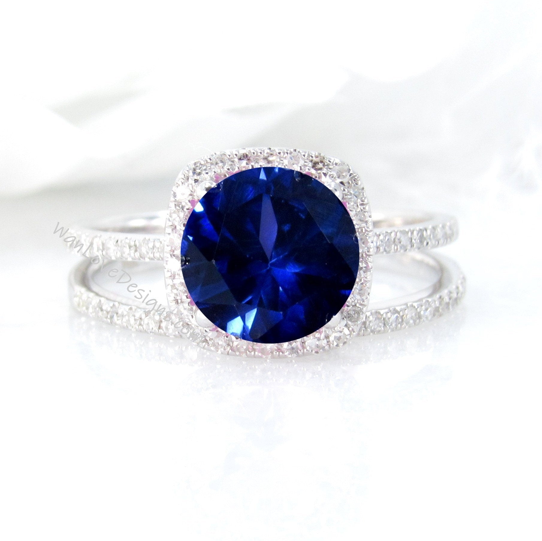 Blue Sapphire Diamond Cushion Halo Engagement Ring Set, Round cut, Wedding Band Custom-Anniversary,14k 18k White Rose Yellow Gold Wan Love Designs