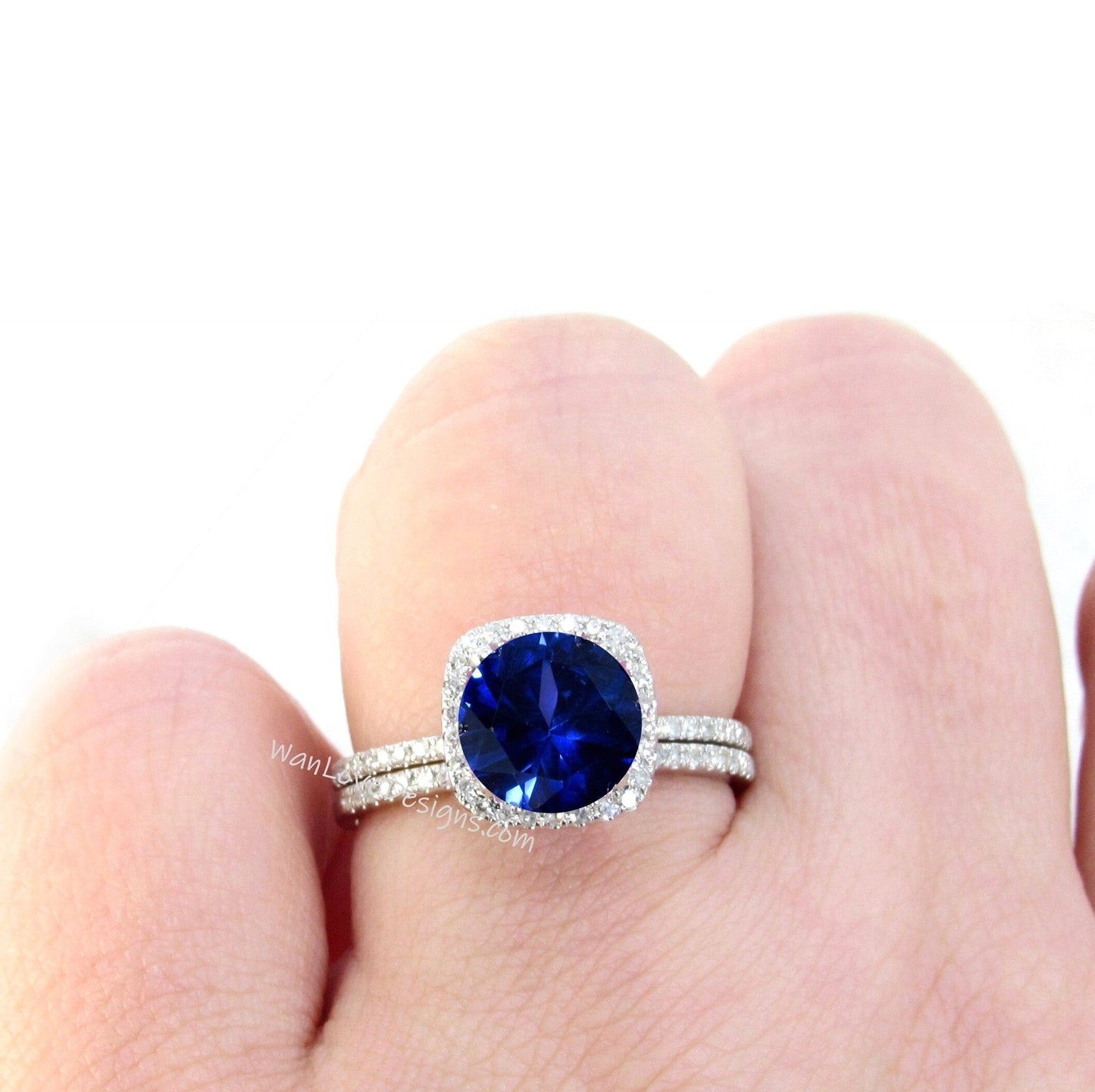 Blue Sapphire Diamond Cushion Halo Engagement Ring Set, Round cut, Wedding Band Custom-Anniversary,14k 18k White Rose Yellow Gold Wan Love Designs