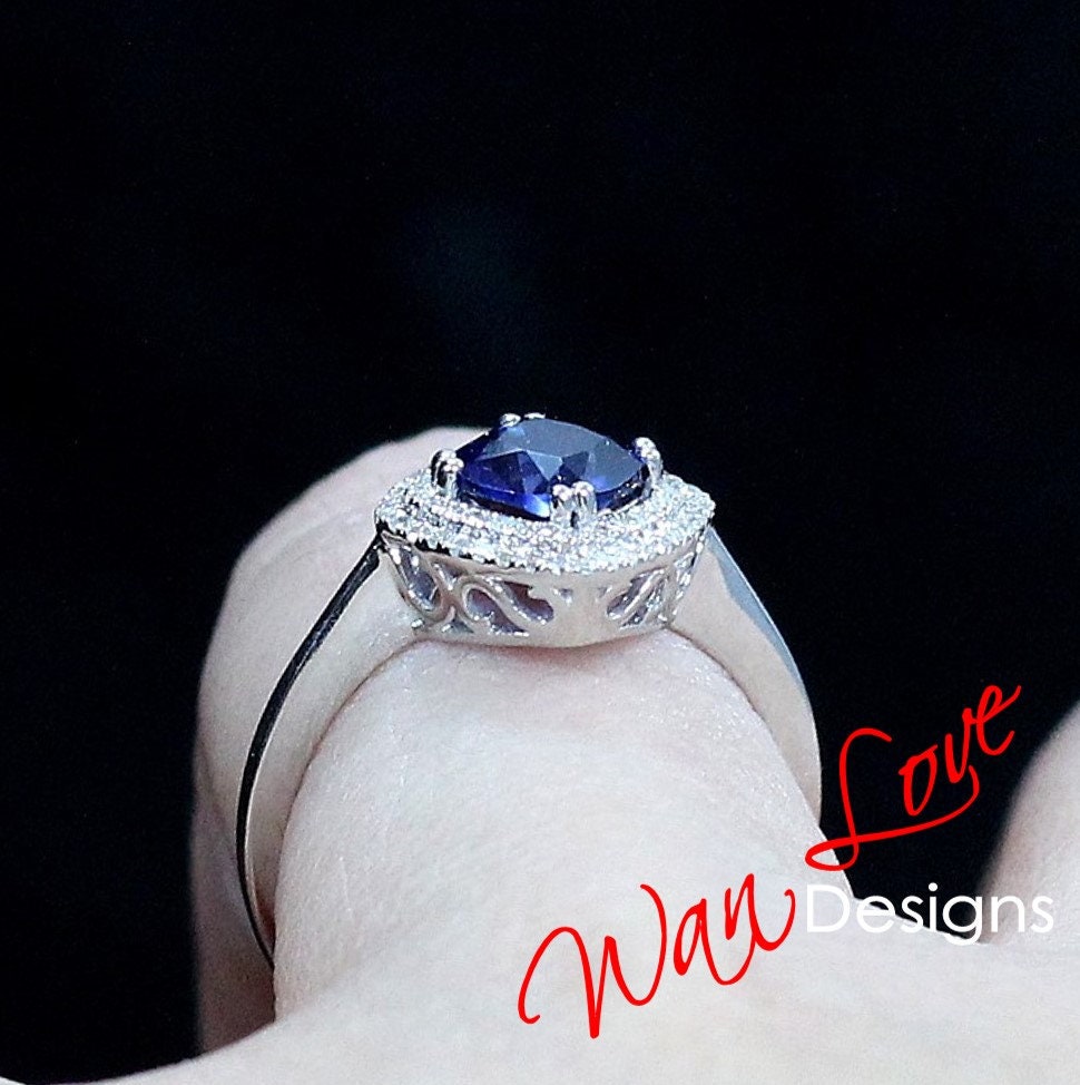 Blue Sapphire & Diamond Double Halo Cushion Engagement Ring-Kite-Plain shank Band-1.5ct-6mm-Wedding-Anniversary Gift-Ready to ship Wan Love Designs