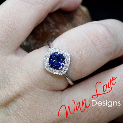 Blue Sapphire & Diamond Double Halo Cushion Engagement Ring-Kite-Plain shank Band-1.5ct-6mm-Wedding-Anniversary Gift-Ready to ship Wan Love Designs