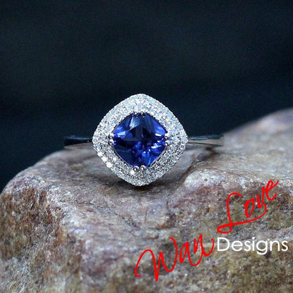 Blue Sapphire & Diamond Double Halo Cushion Engagement Ring-Kite-Plain shank Band-1.5ct-6mm-Wedding-Anniversary Gift-Ready to ship Wan Love Designs