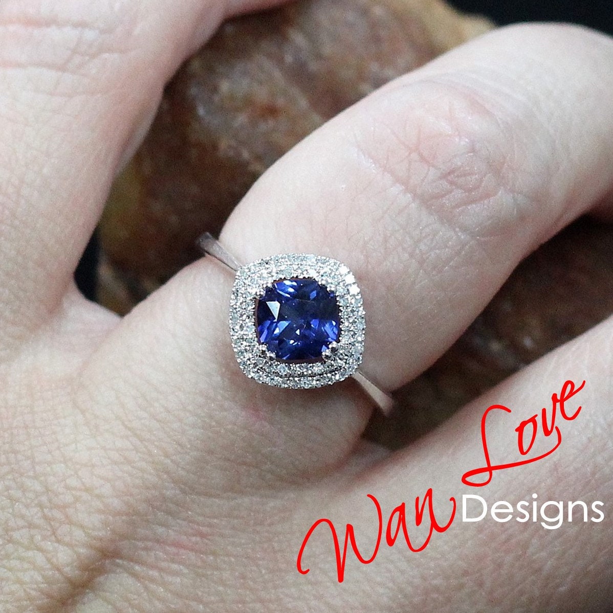 Blue Sapphire & Diamond Double Halo Cushion Engagement Ring-Kite-Plain shank Band-1.5ct-6mm-Wedding-Anniversary Gift-Ready to ship Wan Love Designs