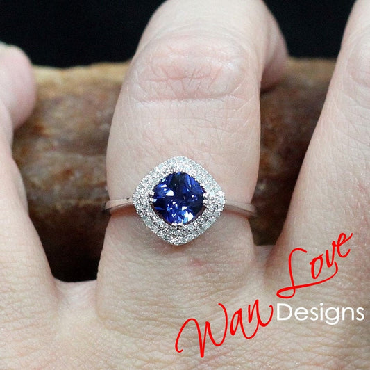 Blue Sapphire & Diamond Double Halo Cushion Engagement Ring-Kite-Plain shank Band-1.5ct-6mm-Wedding-Anniversary Gift-Ready to ship Wan Love Designs