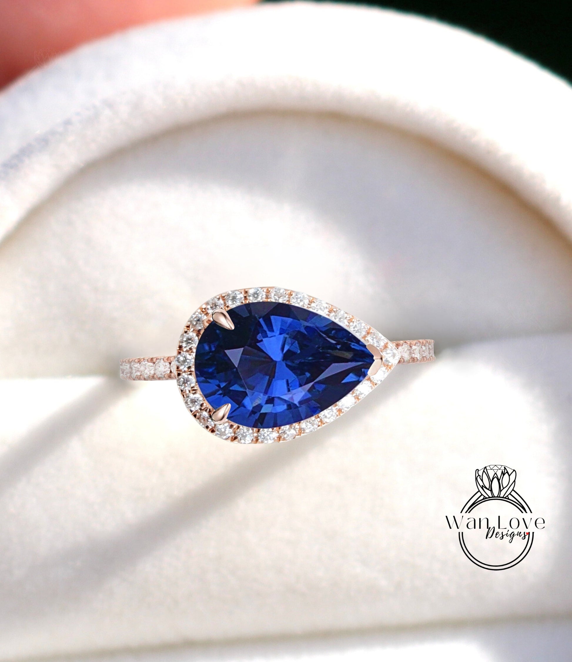 Blue Sapphire & Diamond East West Pear Halo Engagement Ring, 14k 18k White Yellow Rose Gold-Platinum-Custom made-Wedding-Gift,WanLoveDesigns Wan Love Designs