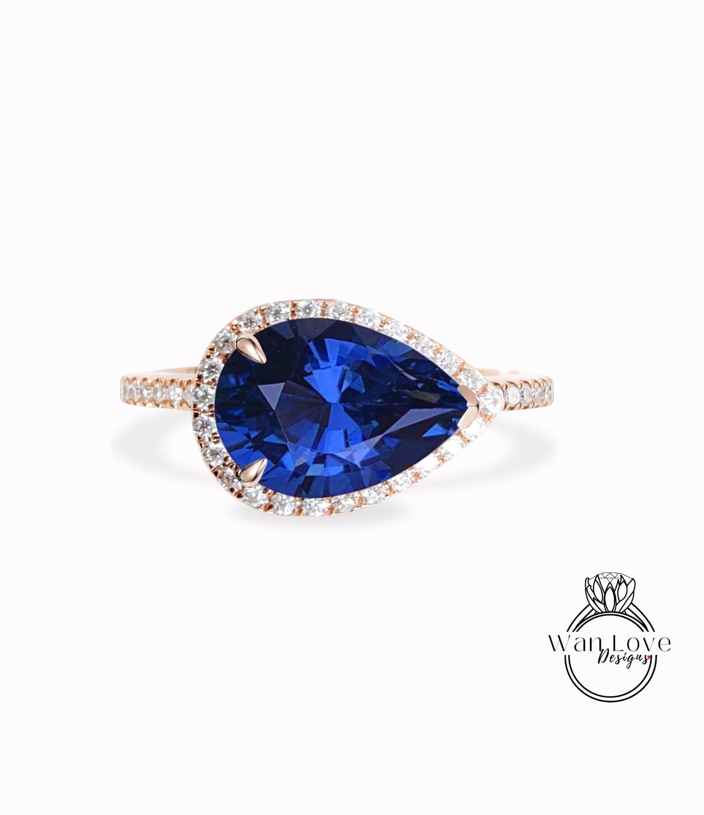 Blue Sapphire & Diamond East West Pear Halo Engagement Ring, 14k 18k White Yellow Rose Gold-Platinum-Custom made-Wedding-Gift,WanLoveDesigns Wan Love Designs