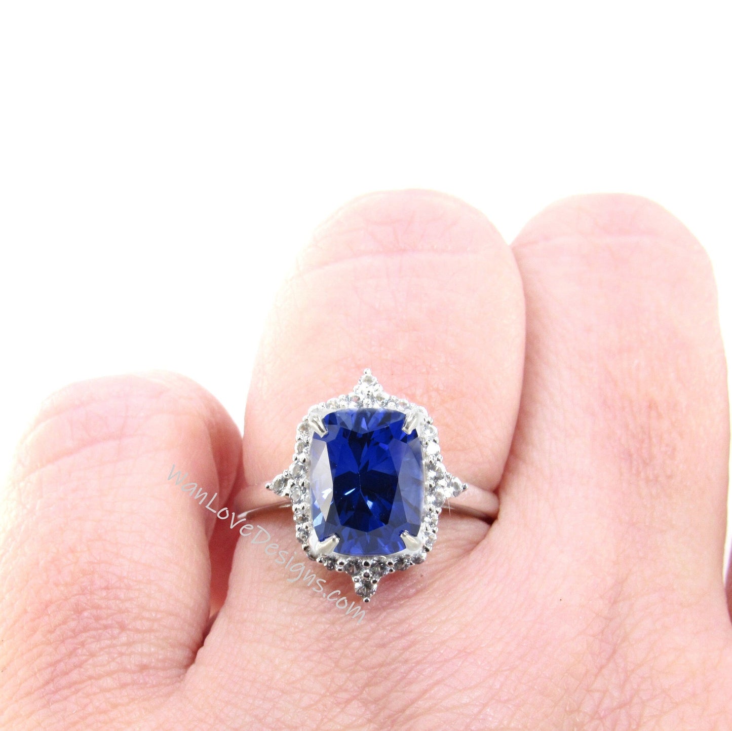 Blue Sapphire & Diamond Elongated Cushion Floral Halo Engagement Ring, Wedding-Anniversary-14k 18k White Yellow Rose Gold, Platinum Wan Love Designs