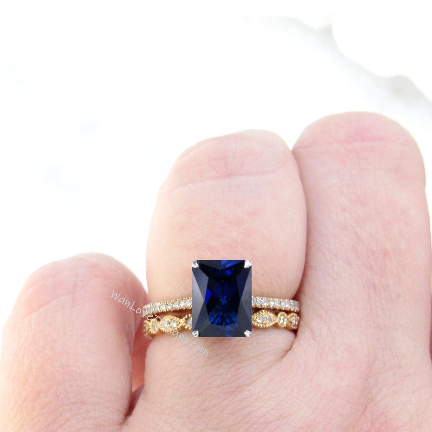 Blue Sapphire & Diamond Emerald Engagement Ring, Wedding Band set, 14k 18k White Yellow Rose Gold-Platinum-Custom-Anniversary Wan Love Designs