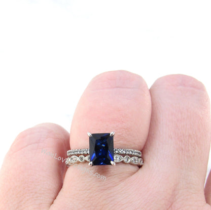 Blue Sapphire & Diamond Emerald Engagement Ring, Wedding Band set, 14k 18k White Yellow Rose Gold-Platinum-Custom-Anniversary Wan Love Designs