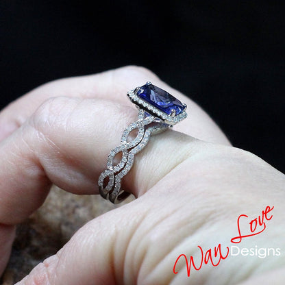 Blue Sapphire Diamond Emerald Halo Engagement Ring Set, 3/4 Eternity Infinity Wedding Band, Custom, 14k 18k White Rose Yellow Gold Wan Love Designs