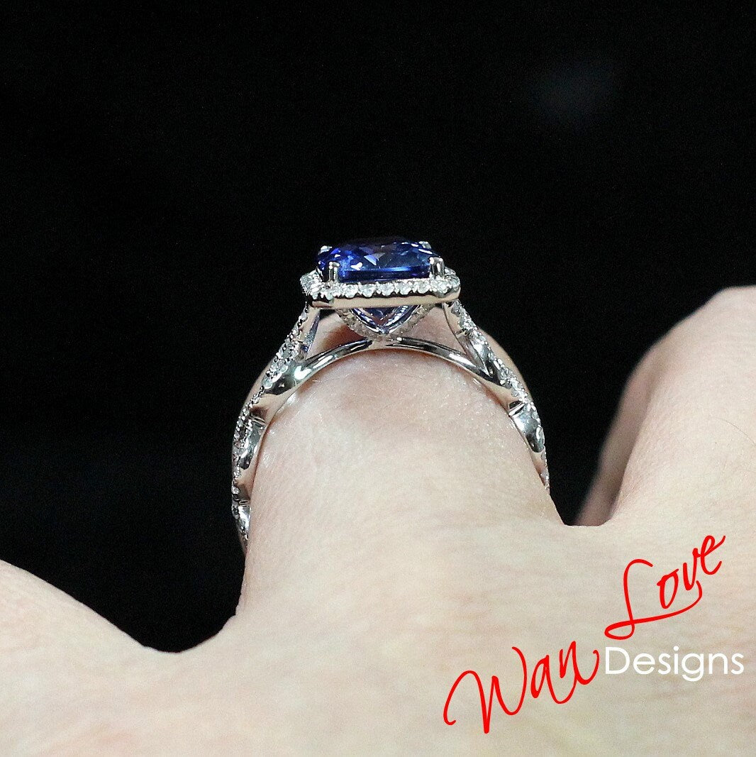 Blue Sapphire Diamond Emerald Halo Engagement Ring Set, 3/4 Eternity Infinity Wedding Band, Custom, 14k 18k White Rose Yellow Gold Wan Love Designs