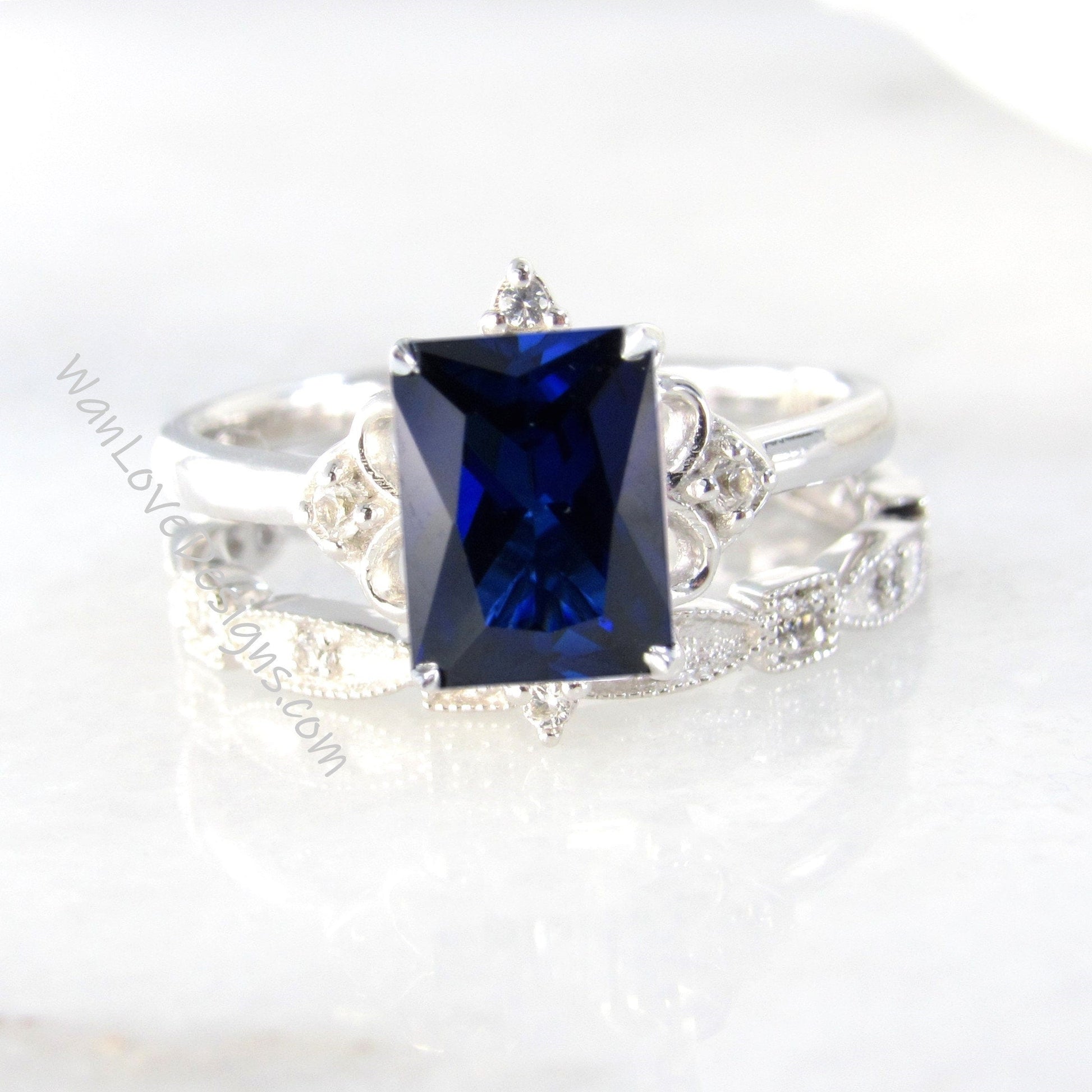 Blue Sapphire & Diamond Emerald cut Engagement Ring Set,Full Eternity Wedding Band Custom-14k 18k White Yellow Rose Gold-Platinum Wan Love Designs