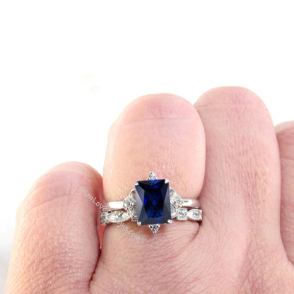 Blue Sapphire & Diamond Emerald cut Engagement Ring Set,Full Eternity Wedding Band Custom-14k 18k White Yellow Rose Gold-Platinum Wan Love Designs